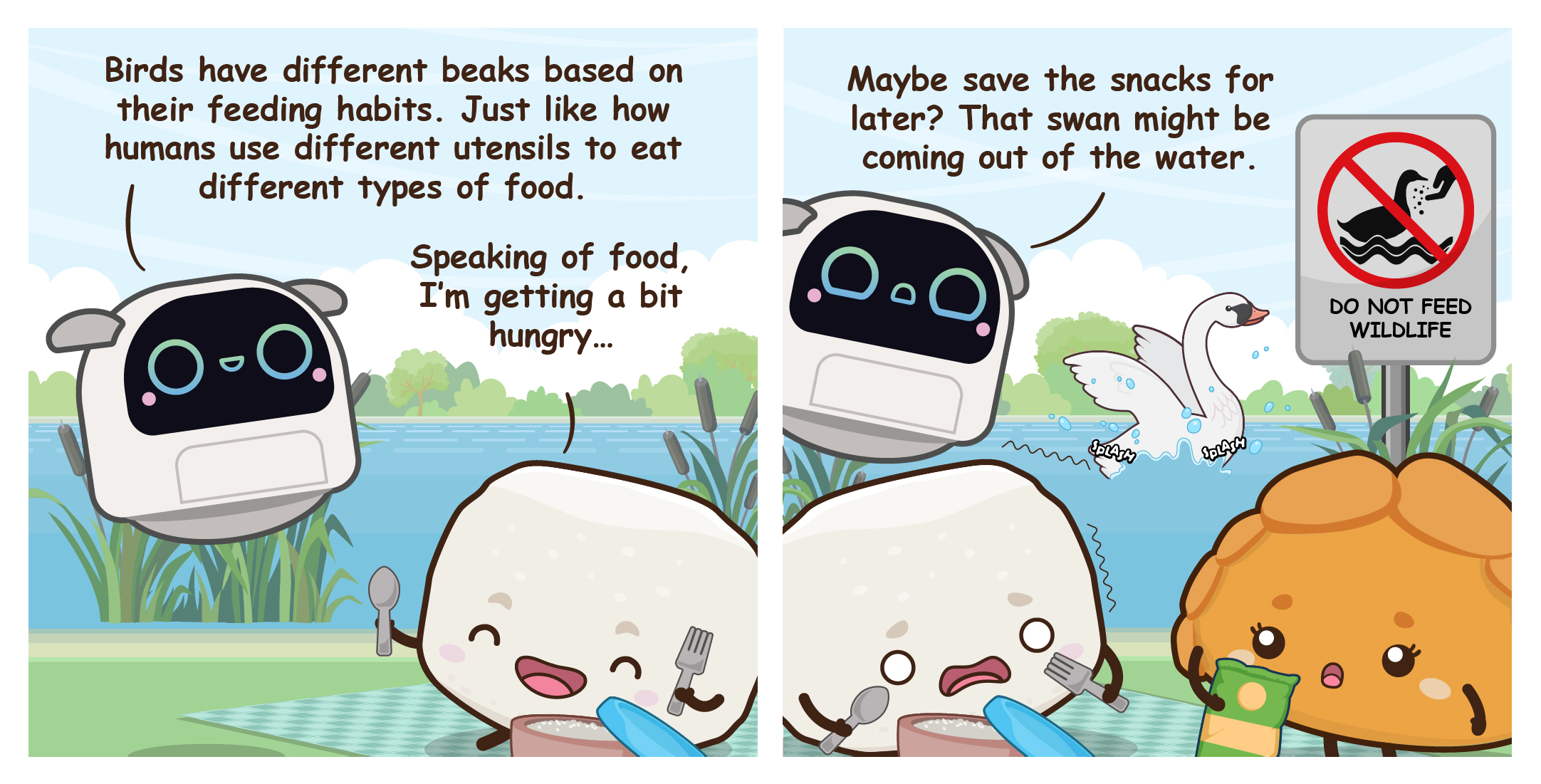 Two-panel comic where Poodle compares bird beaks to human eating utensils, while warning Bouncy and Pok Pok to save their picnic snacks as a swan approaches the shore near a "Do Not Feed Wildlife" sign.
